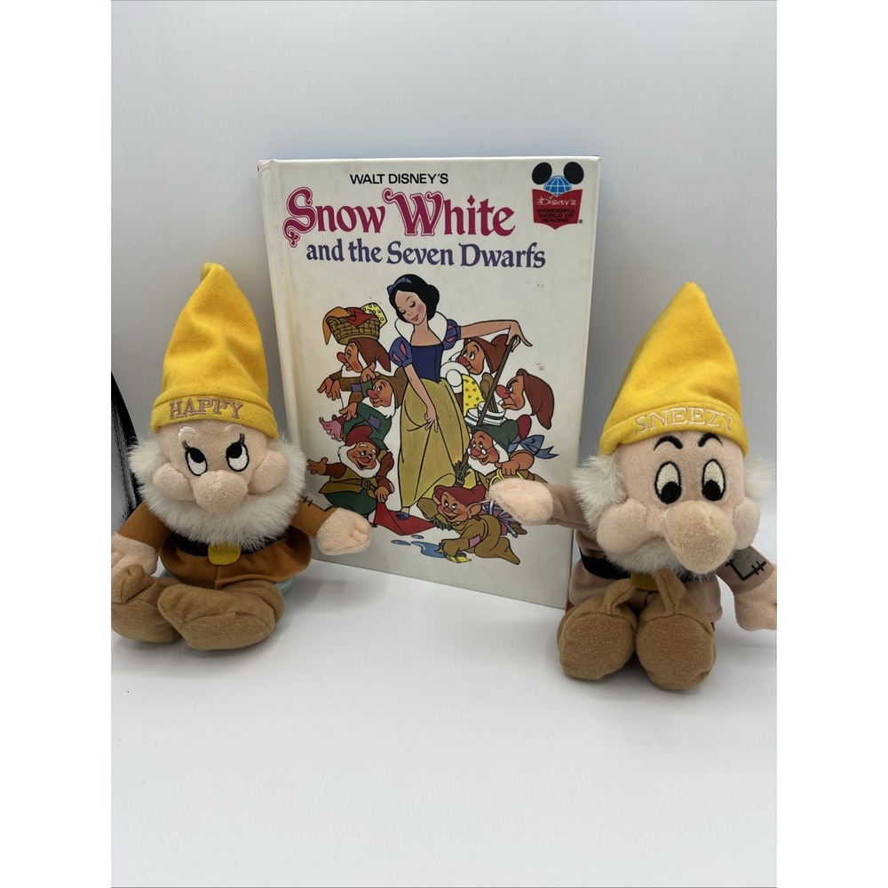 Vintage Disney Snow White 1973 Hardcover Book & 90s Happy Sneezy Plush Lot (3pc)